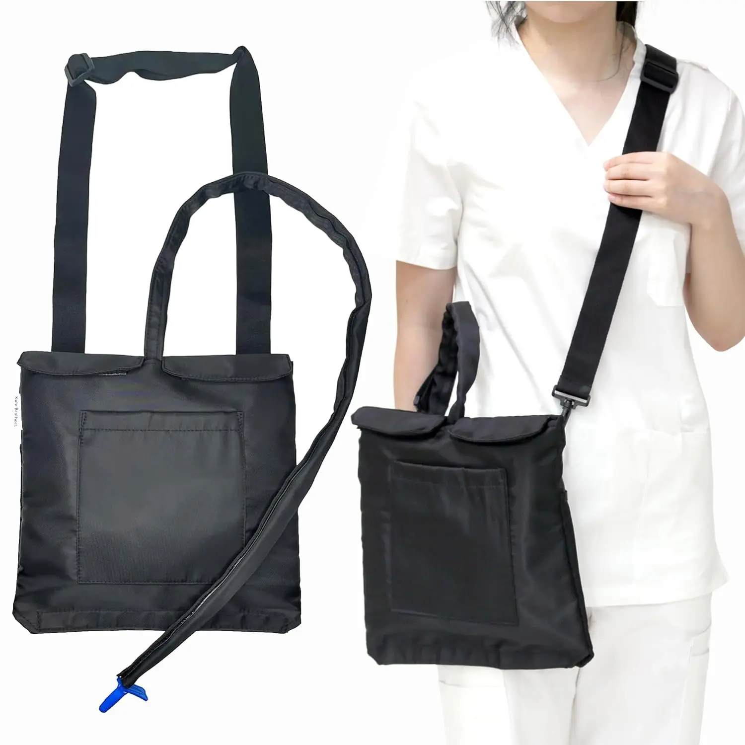 Black urine drainage bag holder made of durable nylon with adjustable shoulder straps and front/back pockets, designed to conceal and carry catheter bags discreetly and conveniently.
