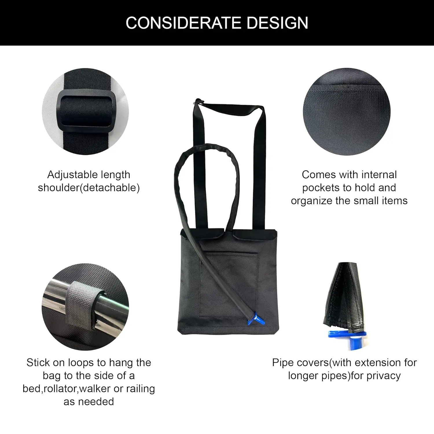 Black urine drainage bag holder made of durable nylon with adjustable shoulder straps and front/back pockets, designed to conceal and carry catheter bags discreetly and conveniently.