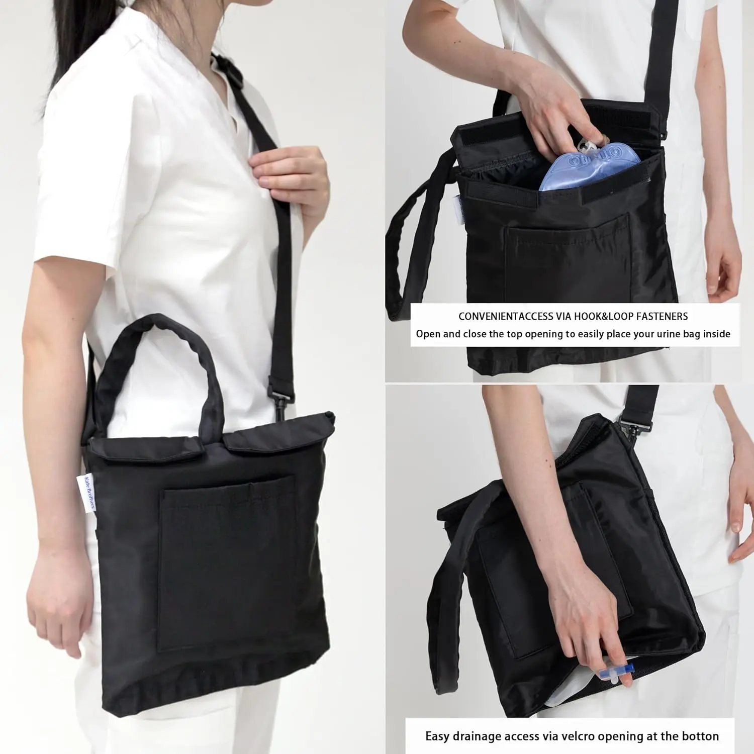 Black urine drainage bag holder made of durable nylon with adjustable shoulder straps and front/back pockets, designed to conceal and carry catheter bags discreetly and conveniently.