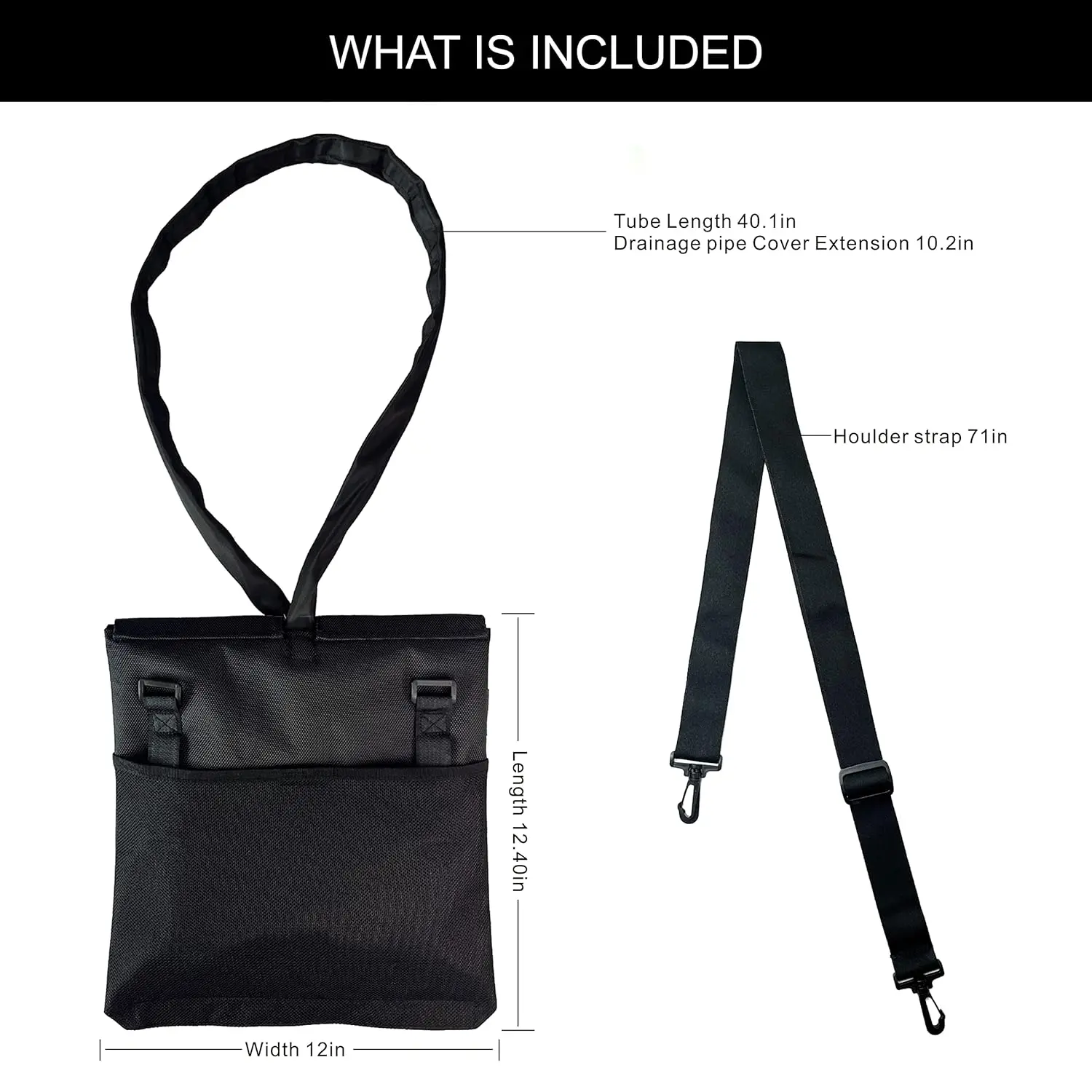 Black urine drainage bag holder made of durable nylon with adjustable shoulder straps and front/back pockets, designed to conceal and carry catheter bags discreetly and conveniently.