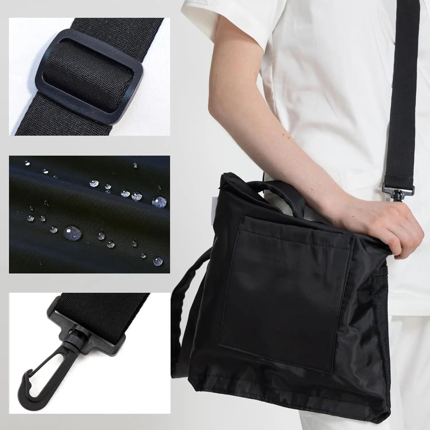 Black urine drainage bag holder made of durable nylon with adjustable shoulder straps and front/back pockets, designed to conceal and carry catheter bags discreetly and conveniently.