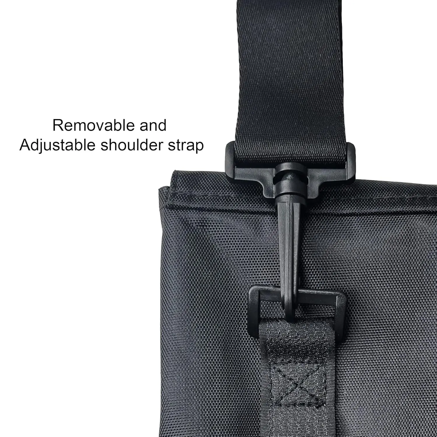 Black urine drainage bag holder made of durable nylon with adjustable shoulder straps and front/back pockets, designed to conceal and carry catheter bags discreetly and conveniently.