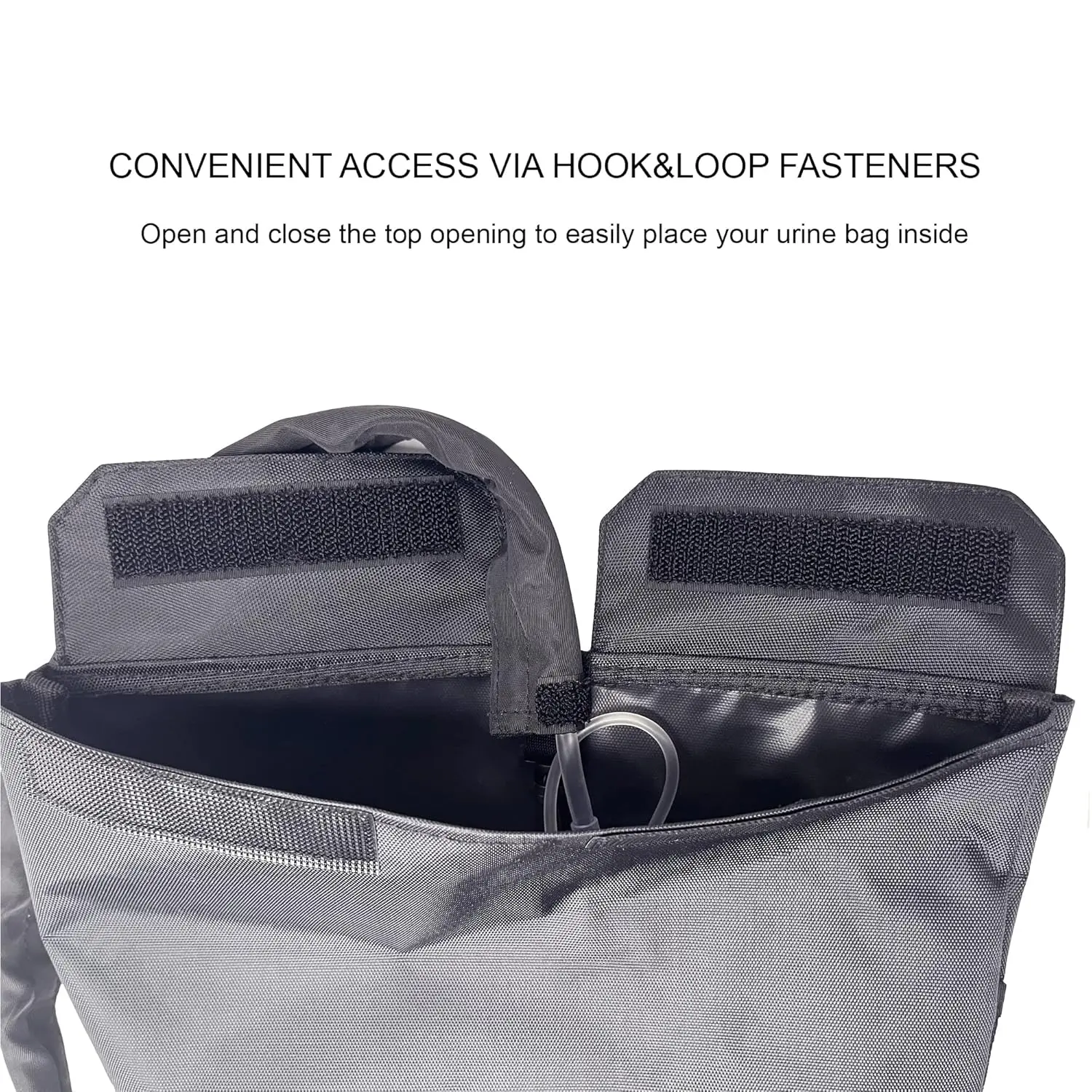 Black urine drainage bag holder made of durable nylon with adjustable shoulder straps and front/back pockets, designed to conceal and carry catheter bags discreetly and conveniently.
