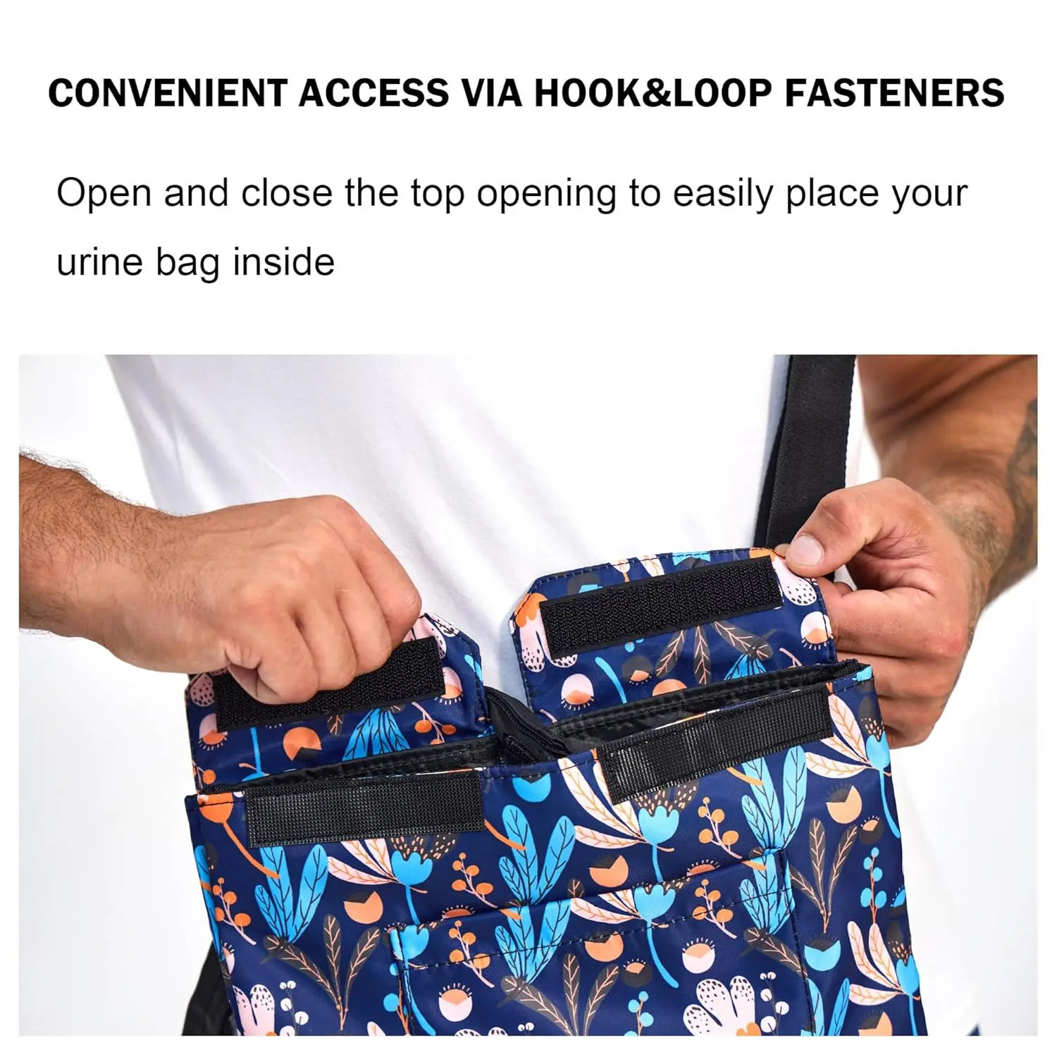 This urine drainage bag holder discreetly conceals a catheter bag up to 2000ml, made from durable nylon fabric with an adjustable strap for comfortable carrying or hanging.