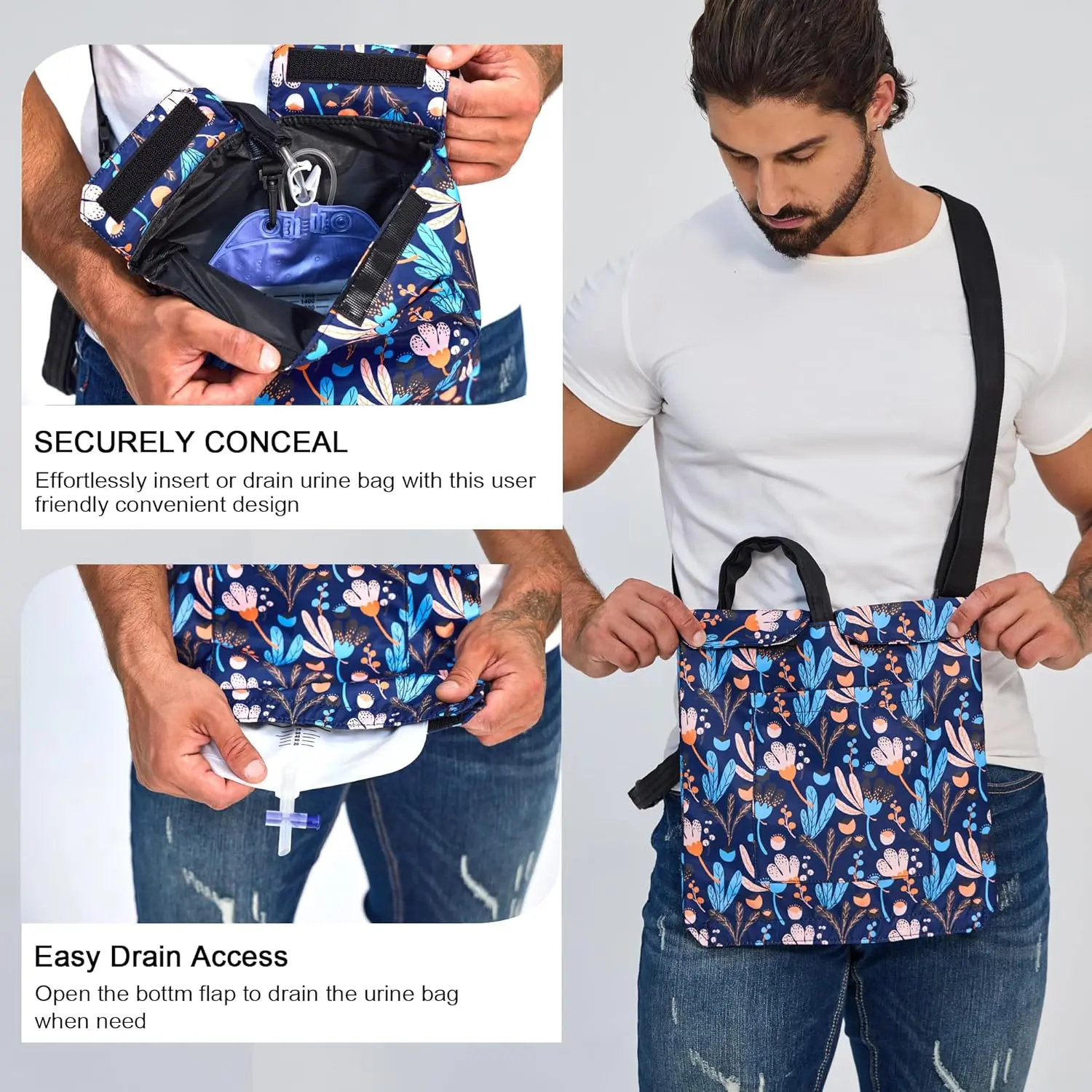 This urine drainage bag holder discreetly conceals a catheter bag up to 2000ml, made from durable nylon fabric with an adjustable strap for comfortable carrying or hanging.