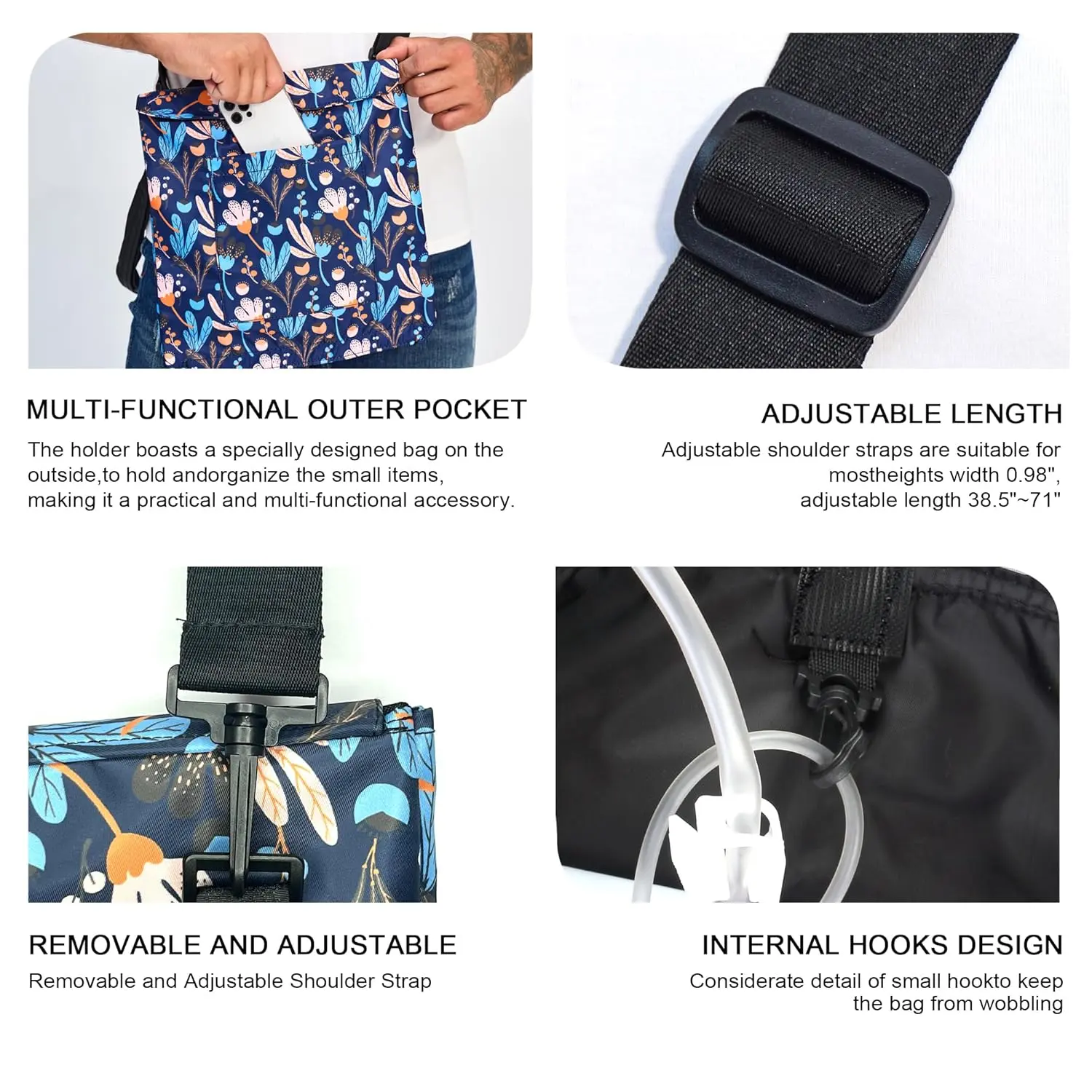 This urine drainage bag holder discreetly conceals a catheter bag up to 2000ml, made from durable nylon fabric with an adjustable strap for comfortable carrying or hanging.