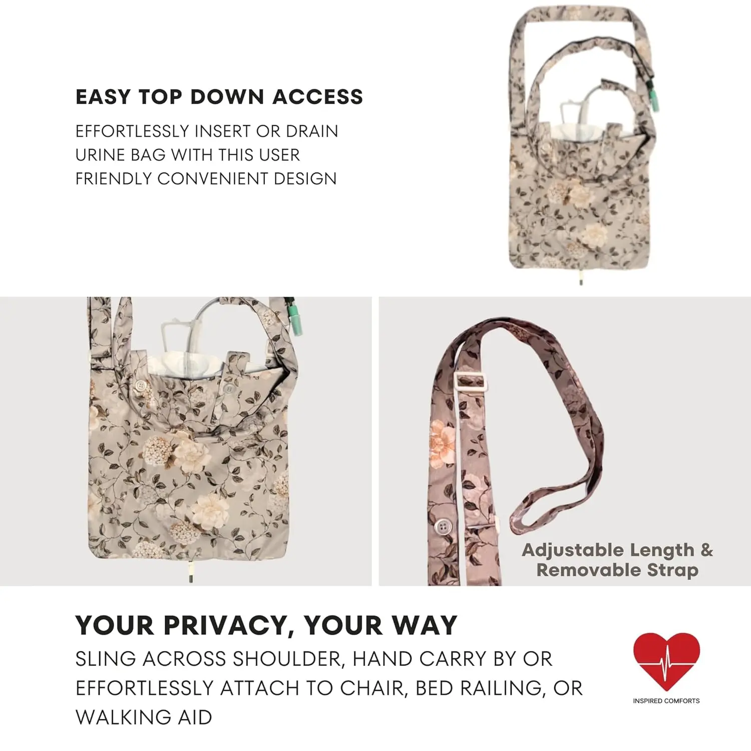 Elegant floral print urine drainage bag holder with an adjustable strap, designed for discreet catheter bag concealment and comfortable carrying.