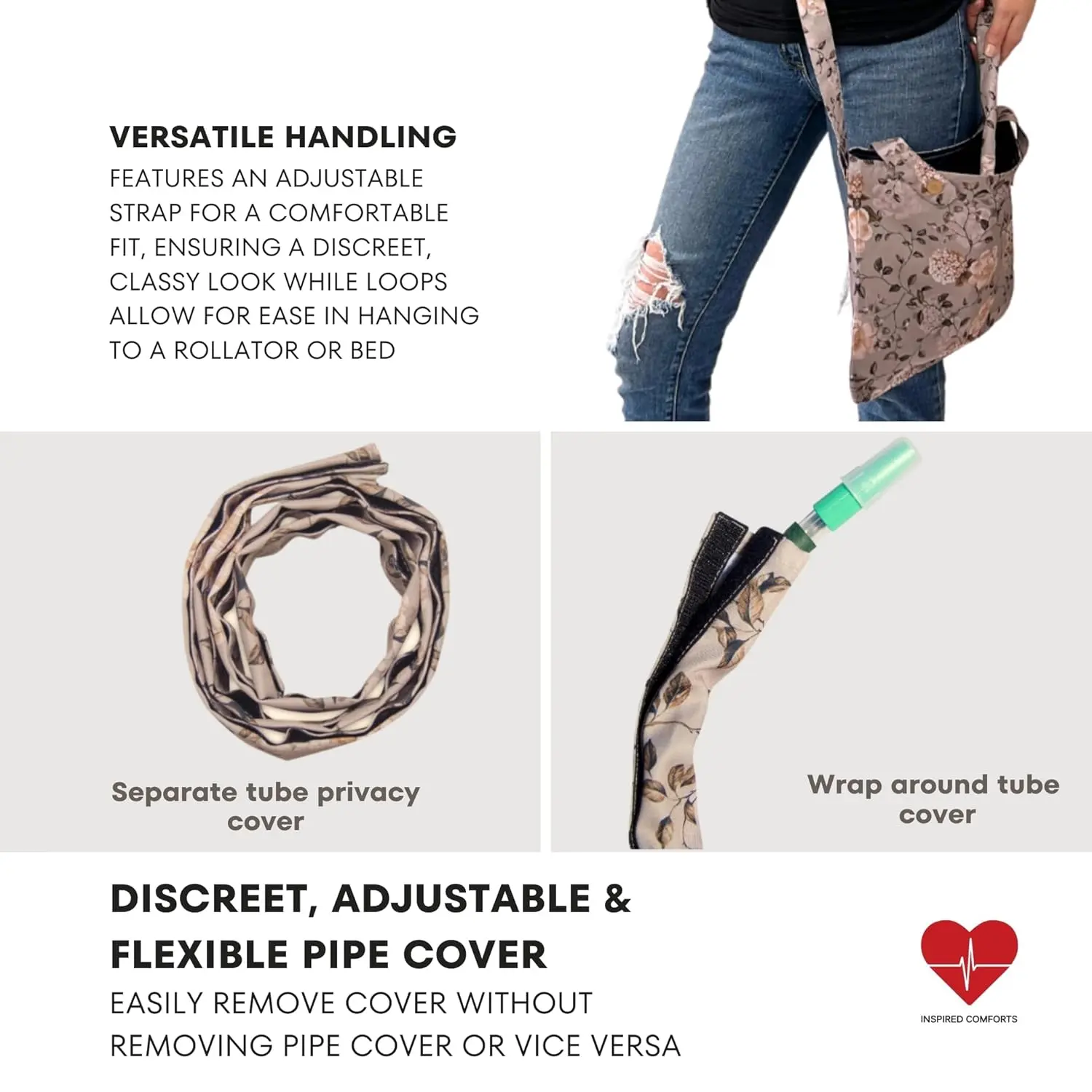 Elegant floral print urine drainage bag holder with an adjustable strap, designed for discreet catheter bag concealment and comfortable carrying.