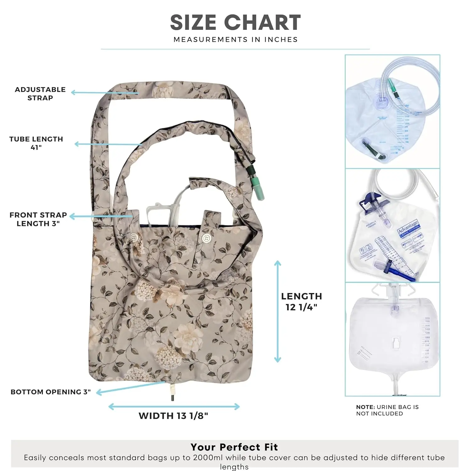 Elegant floral print urine drainage bag holder with an adjustable strap, designed for discreet catheter bag concealment and comfortable carrying.