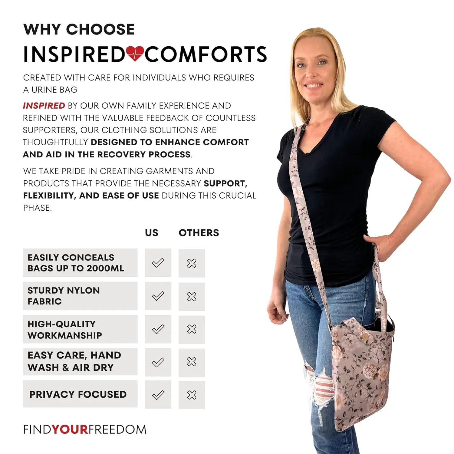 Elegant floral print urine drainage bag holder with an adjustable strap, designed for discreet catheter bag concealment and comfortable carrying.