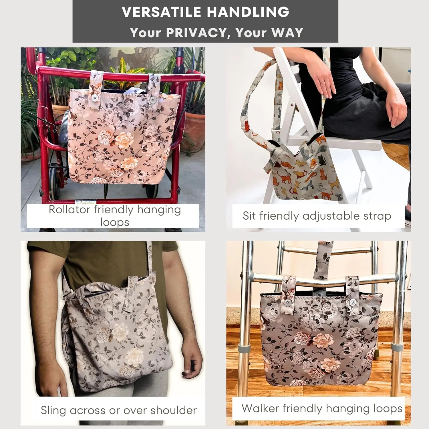 Elegant floral print urine drainage bag holder with an adjustable strap, designed for discreet catheter bag concealment and comfortable carrying.