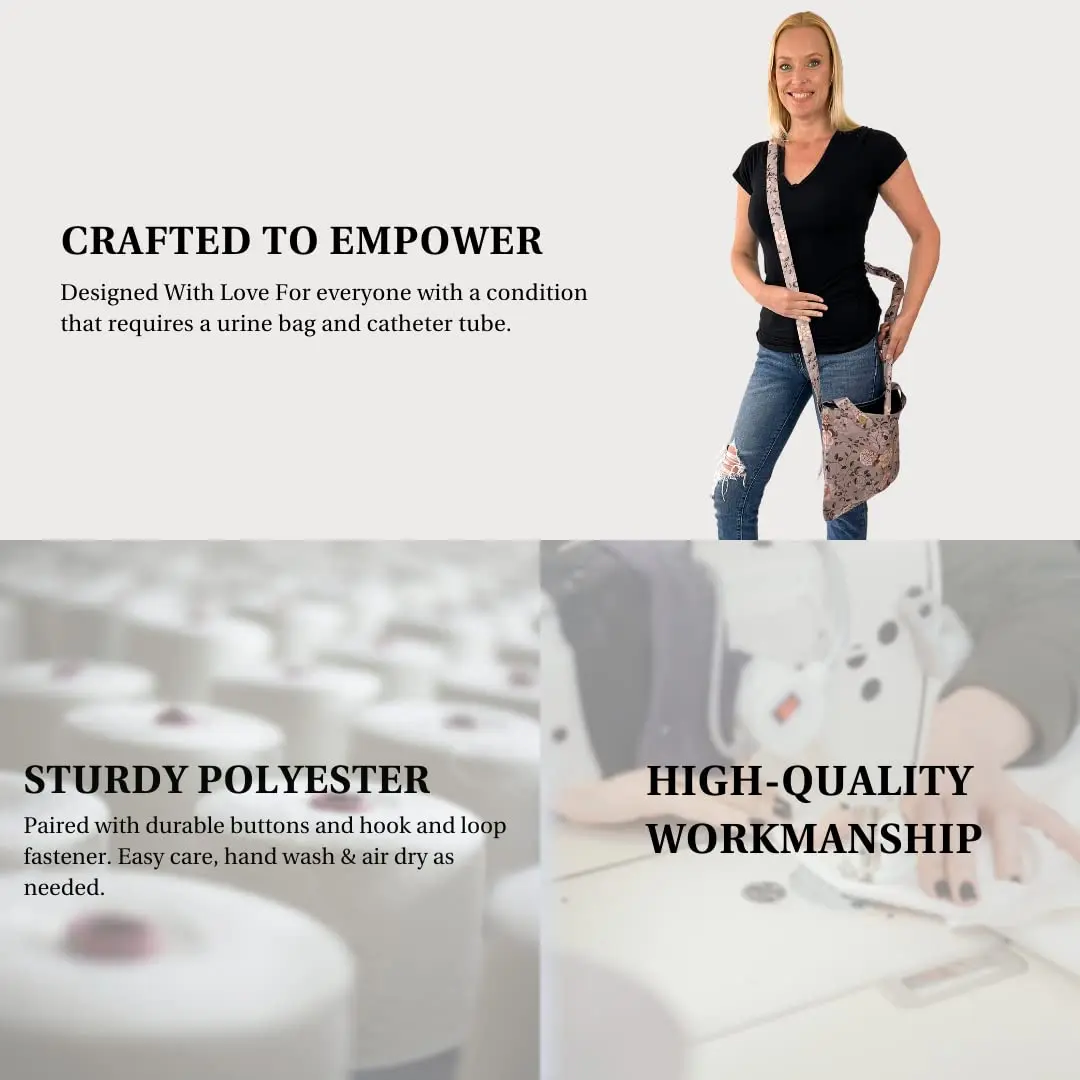 Elegant floral print urine drainage bag holder with an adjustable strap, designed for discreet catheter bag concealment and comfortable carrying.