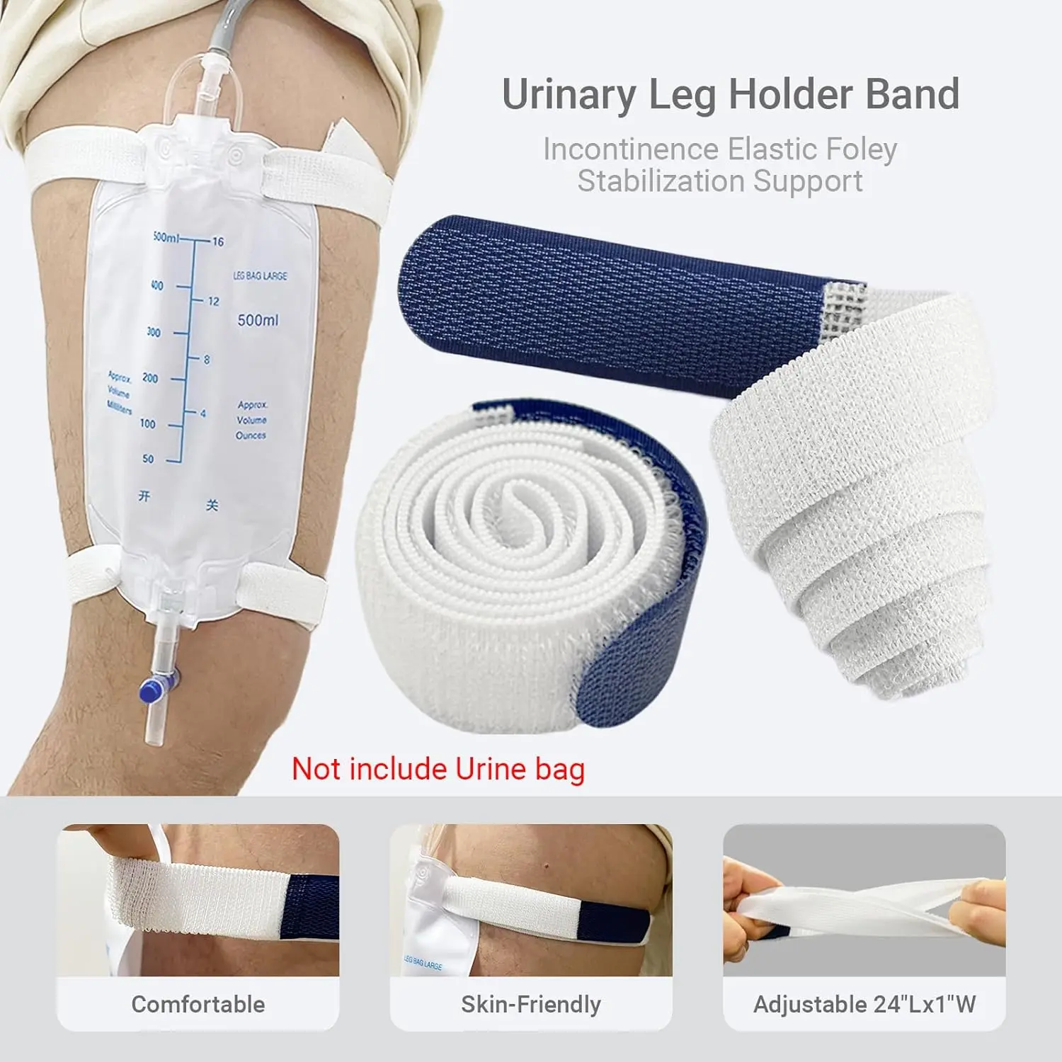 This pack of five urine bag leg straps provides comfortable, discreet, and adjustable support for incontinence patients, keeping drainage bags securely in place under clothing.