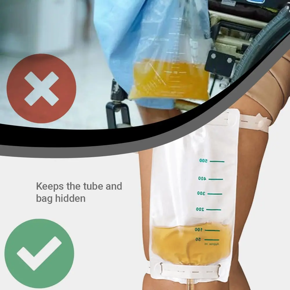 This pack of five urine bag leg straps provides comfortable, discreet, and adjustable support for incontinence patients, keeping drainage bags securely in place under clothing.