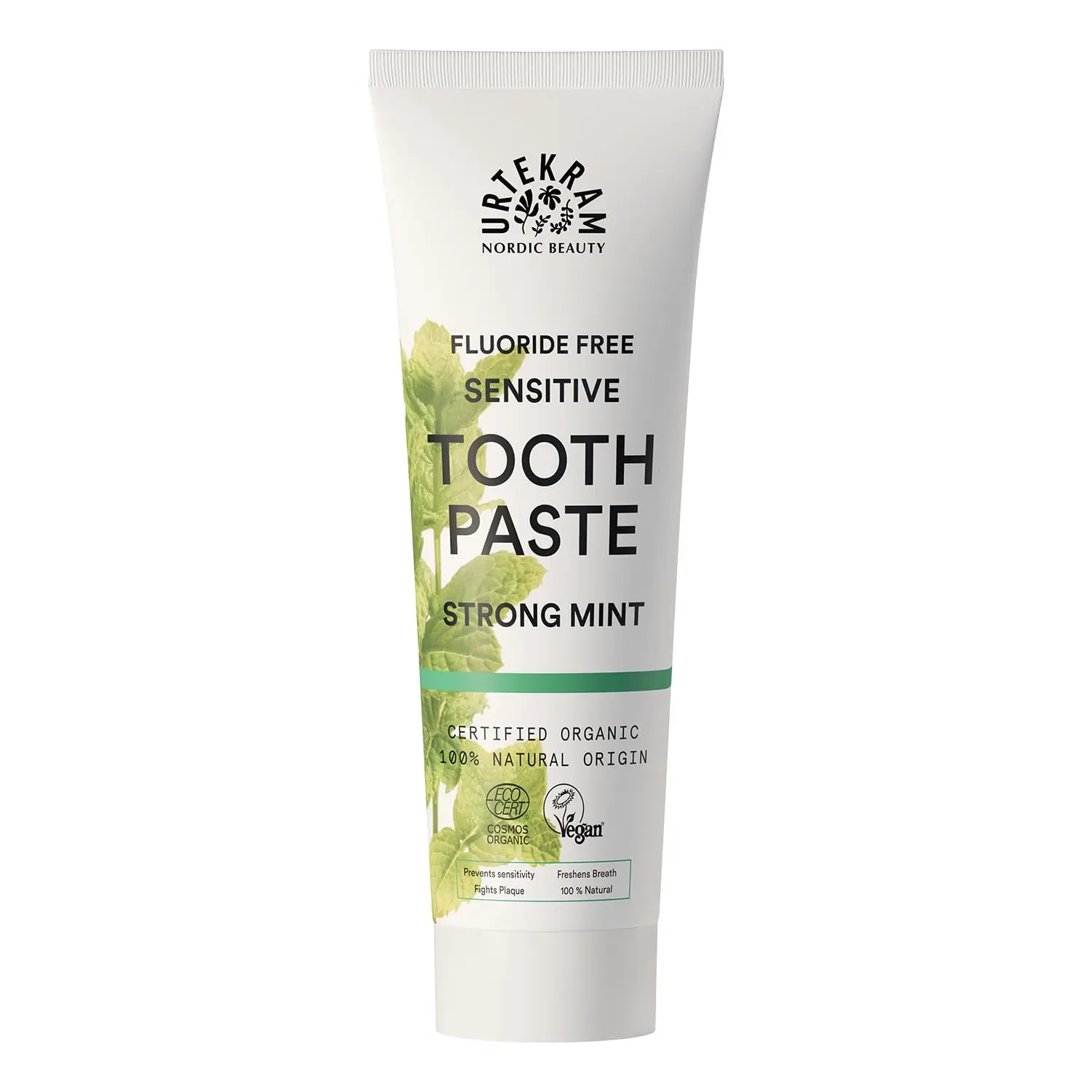 Tube of Urtekram Bio9 Strong Mint sensitive toothpaste with probiotic willow bark extract, offering natural defense, caries and plaque control, and gentle oral care.