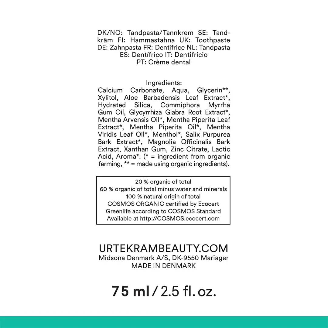 Tube of Urtekram Bio9 Strong Mint sensitive toothpaste with probiotic willow bark extract, offering natural defense, caries and plaque control, and gentle oral care.