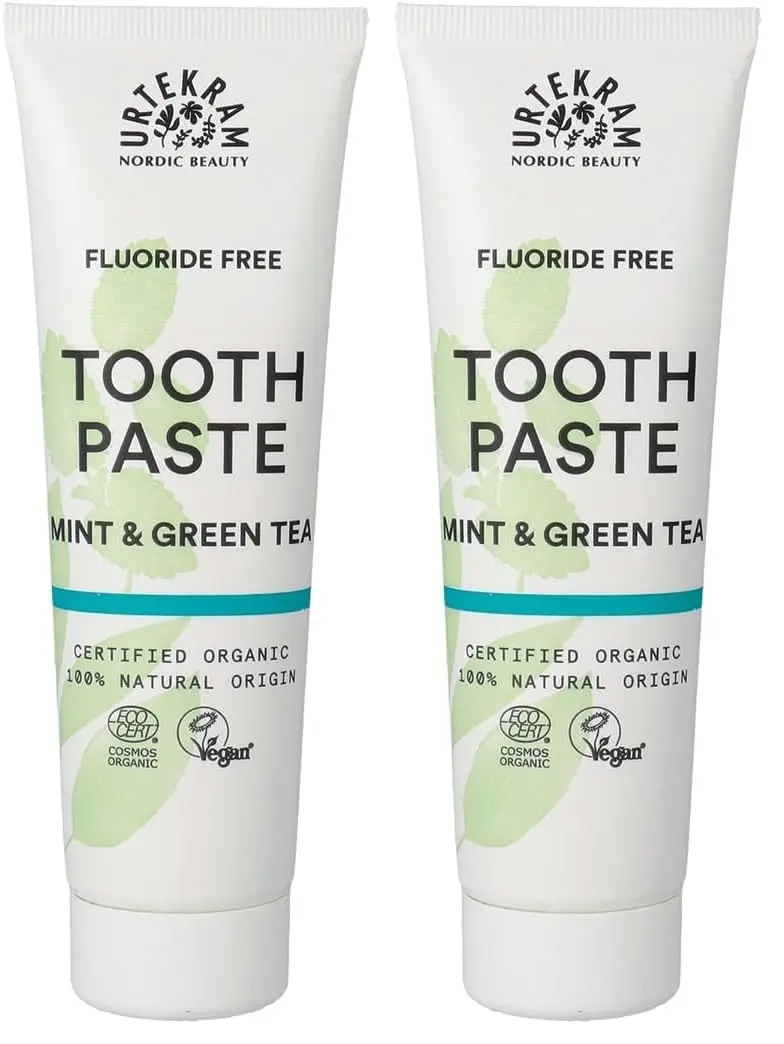 Tube of Urtekram Bio9 Strong Mint sensitive toothpaste with probiotic willow bark extract, offering natural defense, caries and plaque control, and gentle oral care.