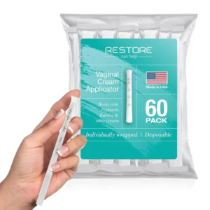 This image shows a pack of 60 single-use, hygienically sealed, plastic applicators with a screw-threaded tip and easy-to-read dosage measurements from .5 to 4 grams, manufactured in an FDA-registered facility in the USA.