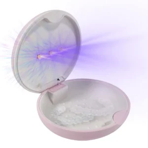 Light pink UVC retainer case compatible with Invisalign aligners and mouth guards, featuring a removable food-grade silicon tray, deep chamber, long-lasting rechargeable battery, and USB-C charging.