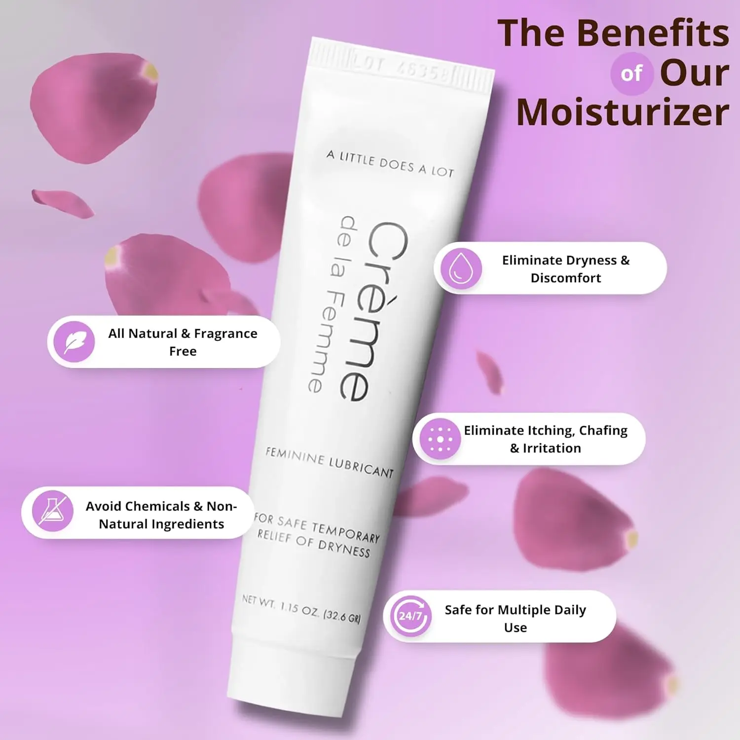 Creme de la Femme vaginal dryness cream is a natural menopause dryness remedy created by a woman doctor to pamper and protect sensitive tissue, and includes a free applicator.