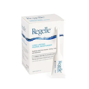This image shows a pack of twelve Regelle vaginal moisturiser pre-filled applicators, each containing 6.5g of moisturising gel to relieve vaginal dryness.