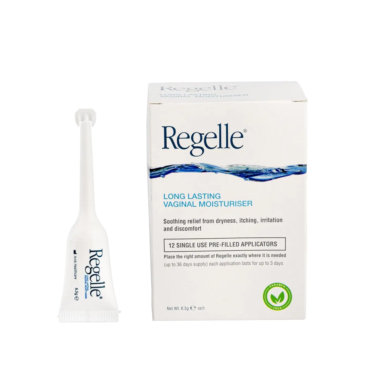 This image shows a pack of twelve Regelle vaginal moisturiser pre-filled applicators, each containing 6.5g of moisturising gel to relieve vaginal dryness.