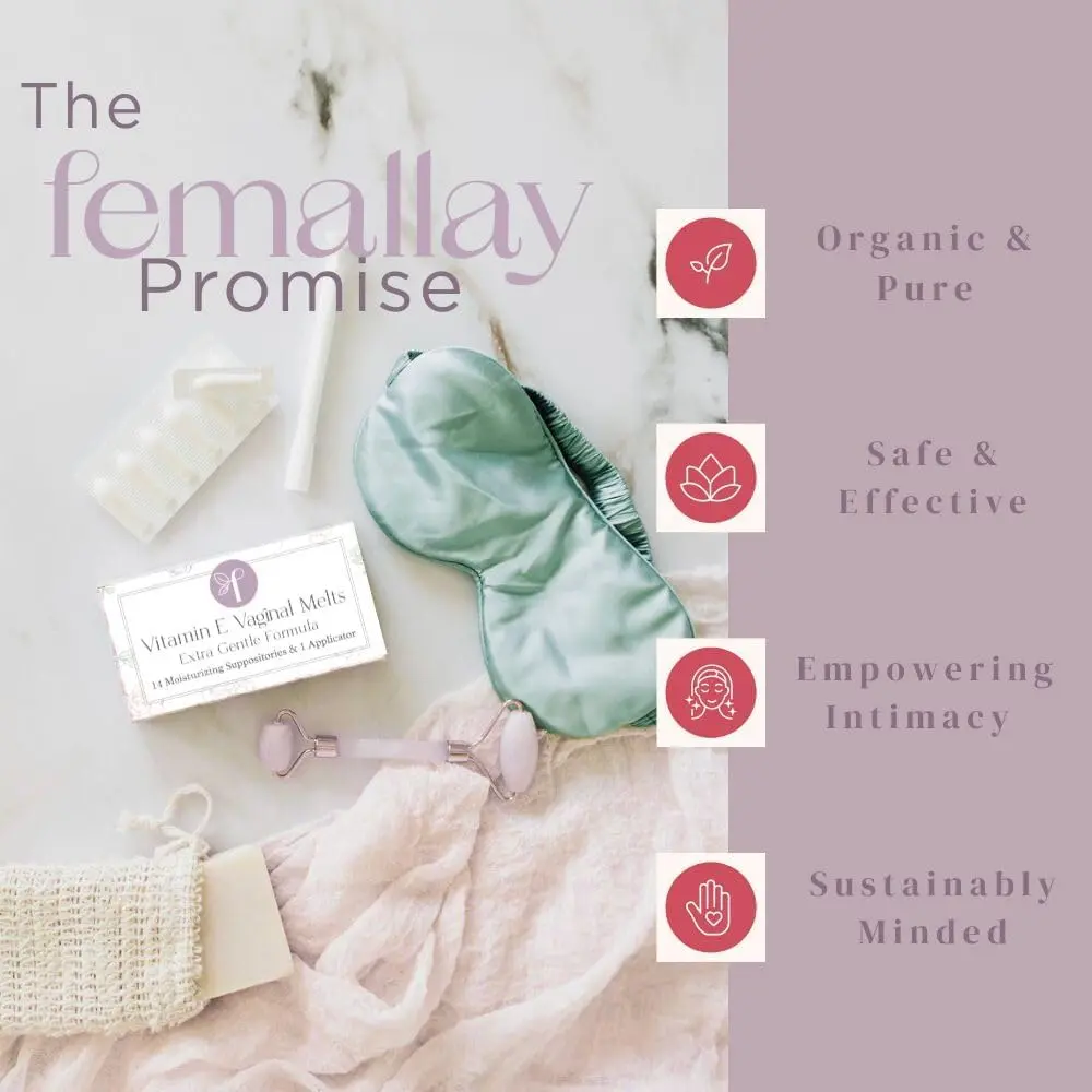 Femallay vaginal moisturizer suppositories provide calming, soothing, and deeply hydrating feminine care to relieve dryness, itching, burning, and restore natural moisture.