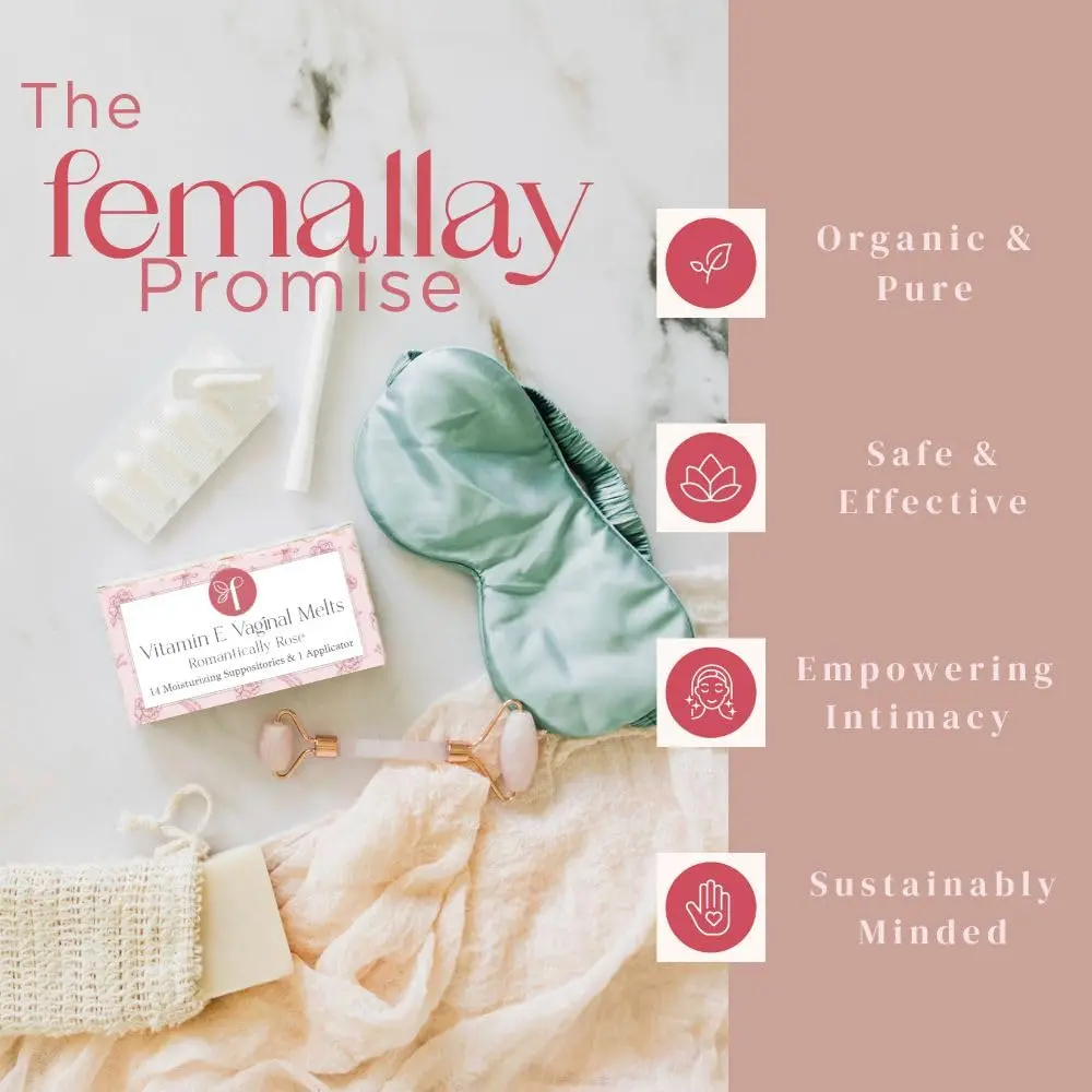 Femallay Vanilla Rose vaginal moisturizing suppositories are made with organic oils to naturally enhance intimacy and provide gentle lubrication, presented in individually sealed applicators for easy use.