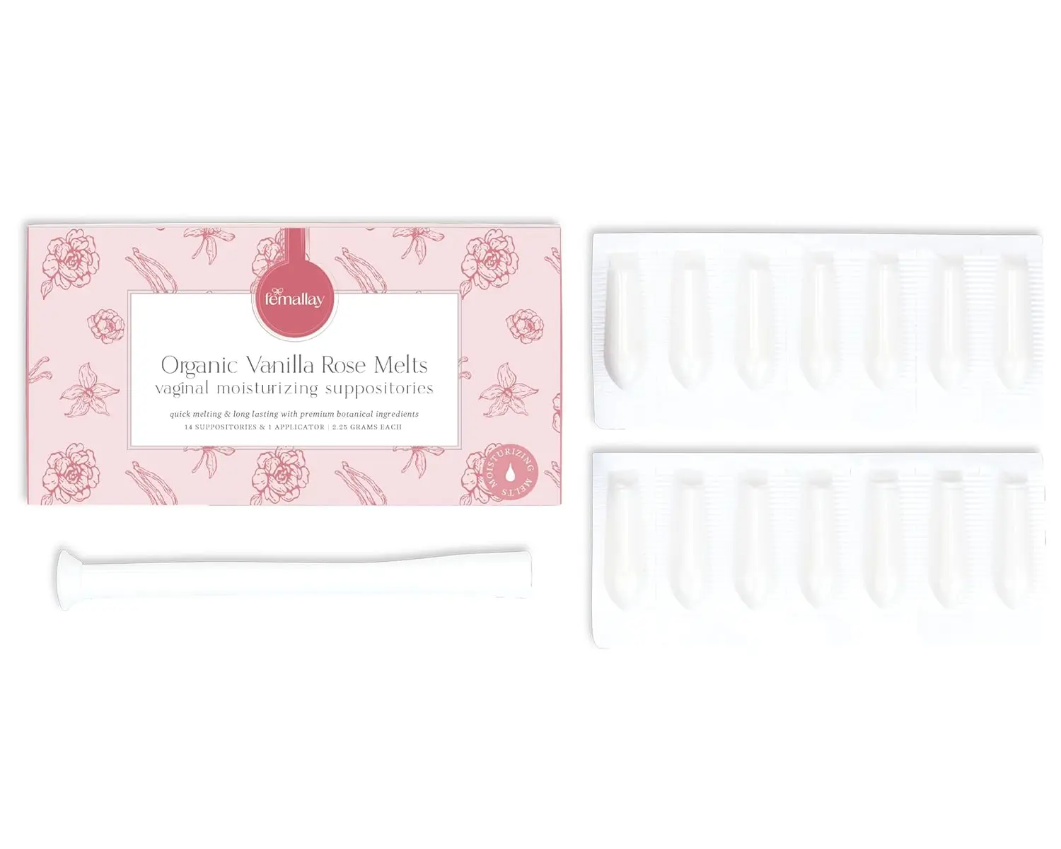 Femallay Vanilla Rose vaginal moisturizing suppositories are made with organic oils to naturally enhance intimacy and provide gentle lubrication, presented in individually sealed applicators for easy use.