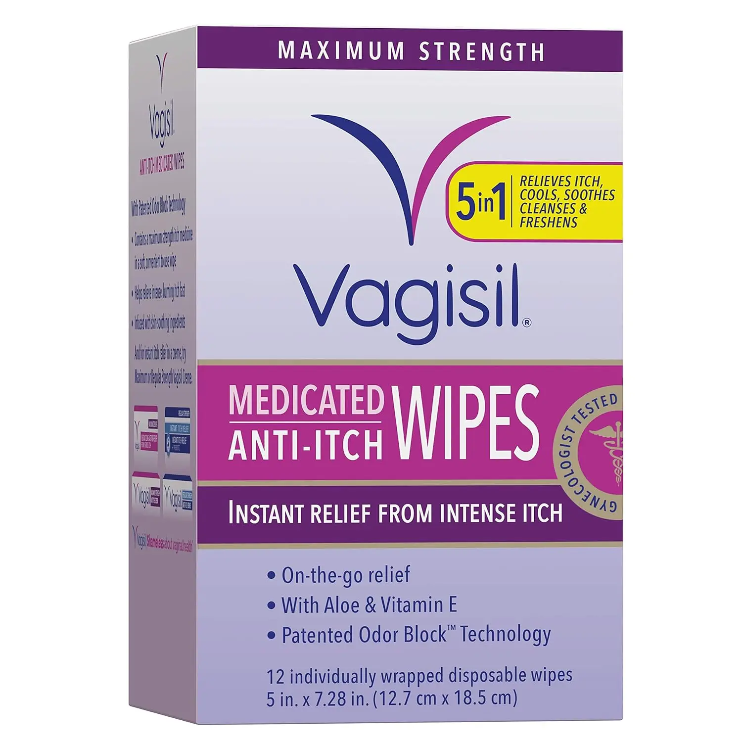 This image shows a package of Vagisil Maximum Strength Anti-Itch Medicated Wipes, individually wrapped for on-the-go use, providing relief from vaginal itching and odor.