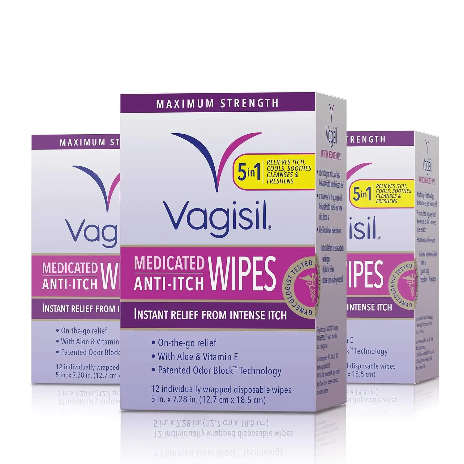 Three packs of Vagisil Maximum Strength Anti-itch Medicated Feminine Wipes provide instant relief for everyday itch and odor with Aloe and Vitamin E.