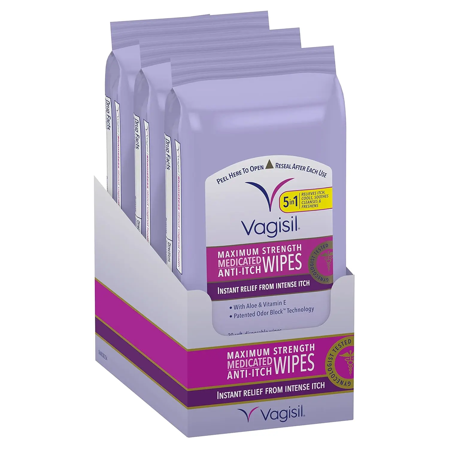Three-pack of Vagisil Maximum Strength Anti-itch Medicated Feminine Wipes provides instant itch relief and odor control with aloe and Vitamin E.