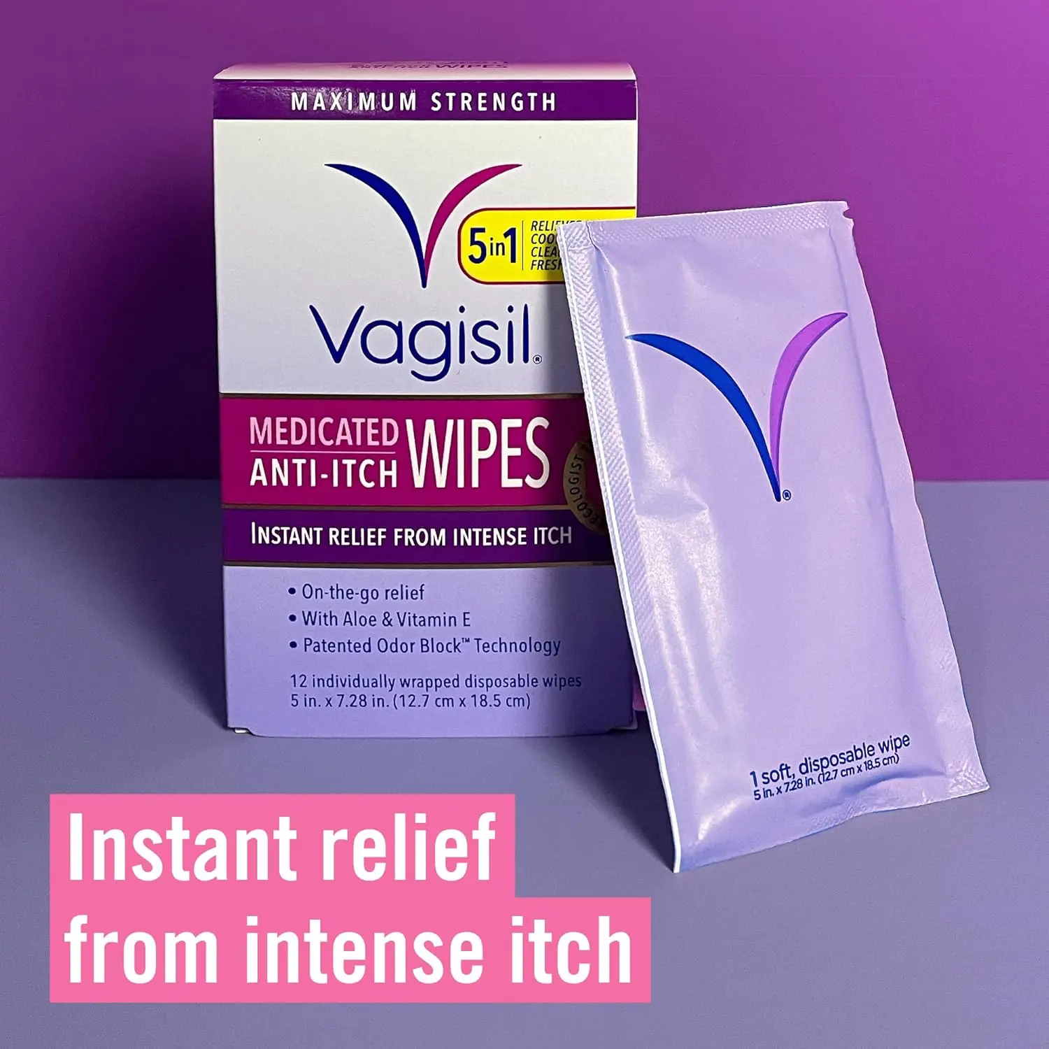 This image shows a package of Vagisil Maximum Strength Anti-Itch Medicated Wipes, individually wrapped for on-the-go use, providing relief from vaginal itching and odor.