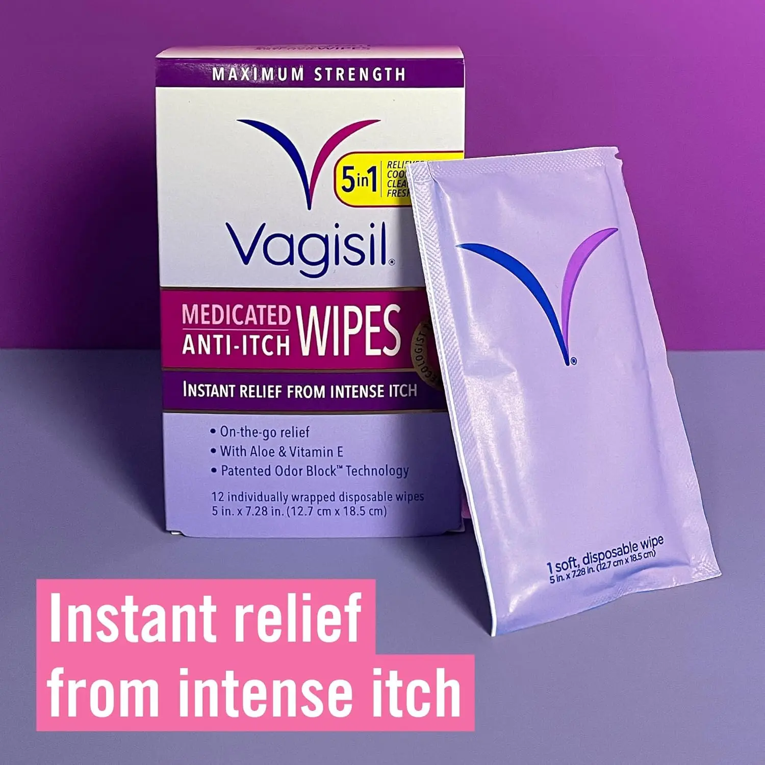 Three packs of Vagisil Maximum Strength Anti-itch Medicated Feminine Wipes provide instant relief for everyday itch and odor with Aloe and Vitamin E.