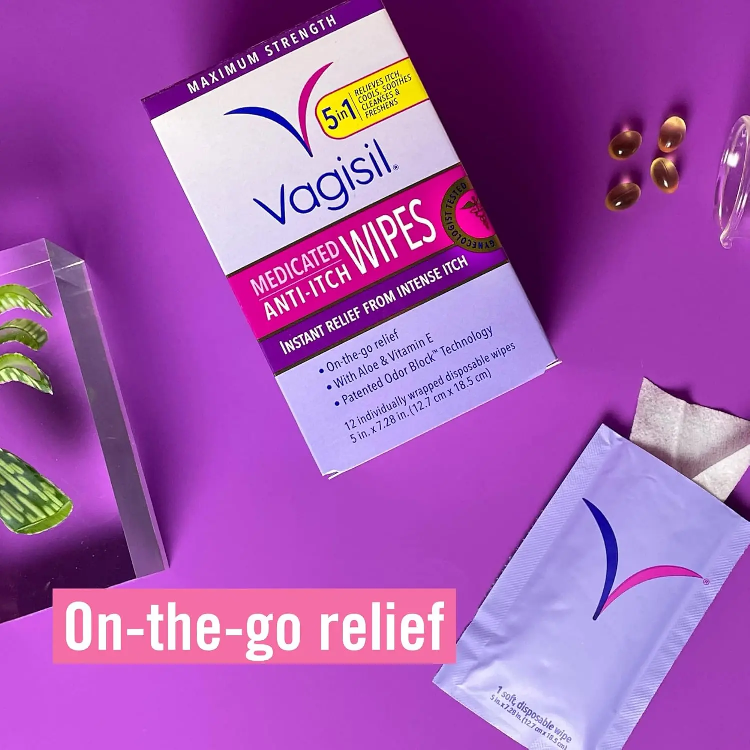Three packs of Vagisil Maximum Strength Anti-itch Medicated Feminine Wipes provide instant relief for everyday itch and odor with Aloe and Vitamin E.