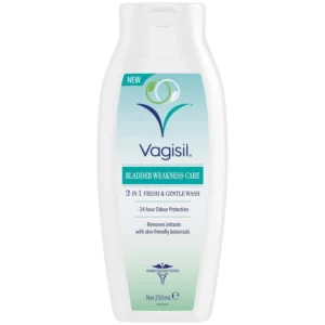 Vagisil 2-in-1 intimate wash for bladder weakness, formulated with aloe and chamomile, gently cleanses, soothes sensitive skin and provides 24-hour odour protection.