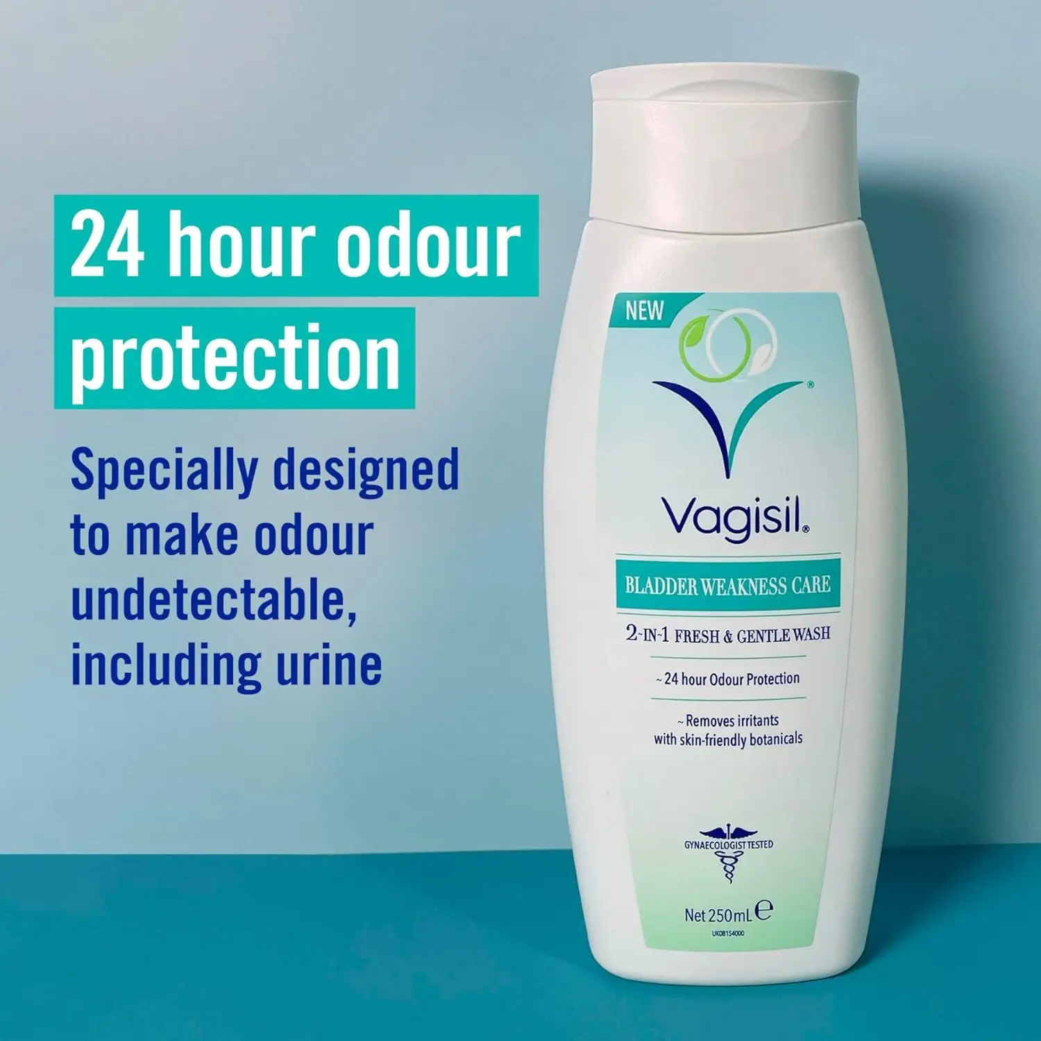 Vagisil 2-in-1 intimate wash for bladder weakness, formulated with aloe and chamomile, gently cleanses, soothes sensitive skin and provides 24-hour odour protection.