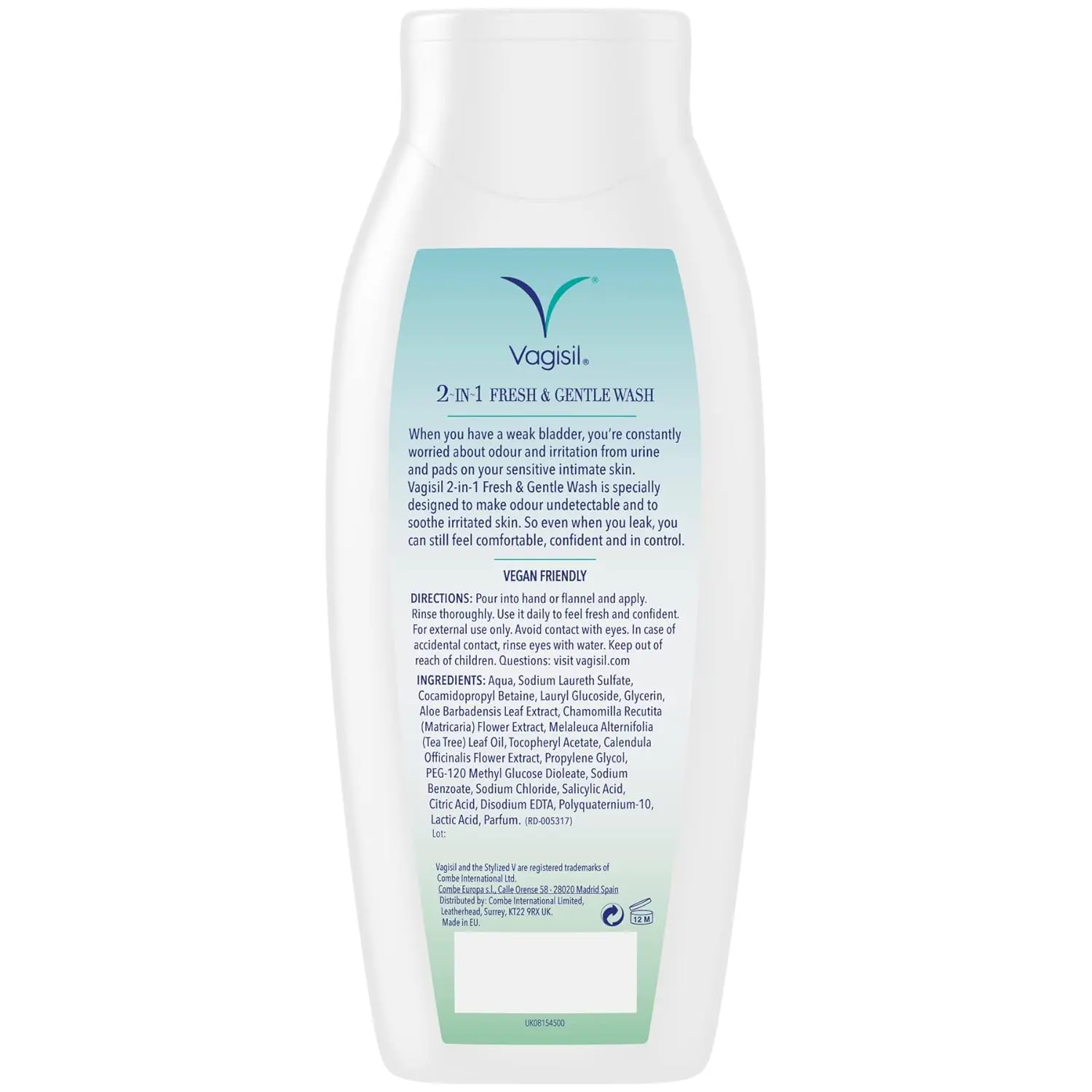 Vagisil 2-in-1 intimate wash for bladder weakness, formulated with aloe and chamomile, gently cleanses, soothes sensitive skin and provides 24-hour odour protection.