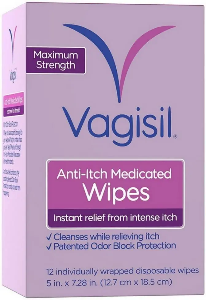 Four packs of Vagisil Medicated Wipes for gentle and effective skin cleaning.