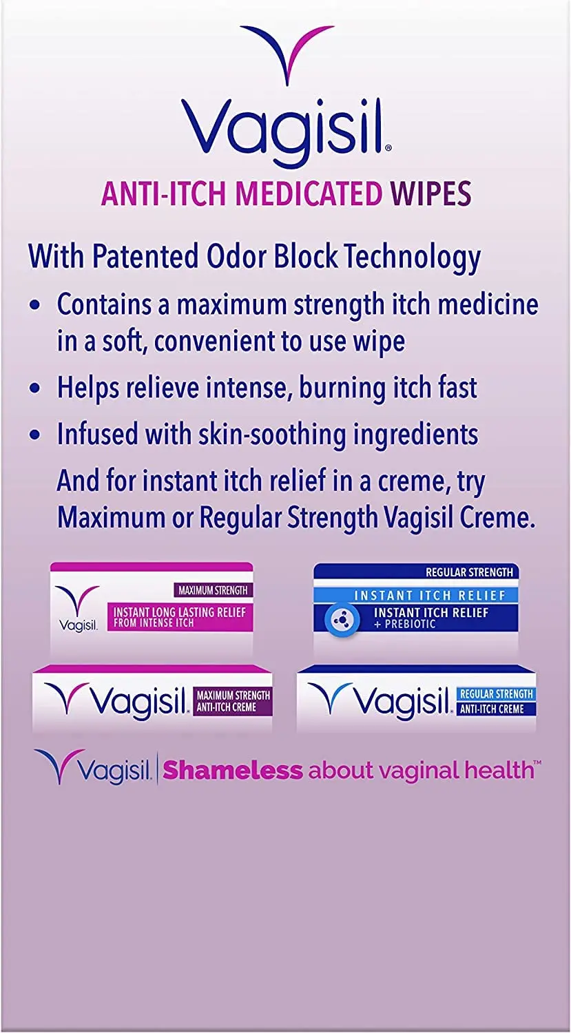 Four packs of Vagisil Medicated Wipes for gentle and effective skin cleaning.