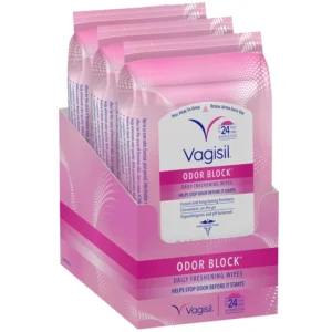 Three packs of Vagisil Odor Block Daily Freshening Wipes provide long-lasting freshness with a light, clean scent and convenient resealable packaging for on-the-go use.