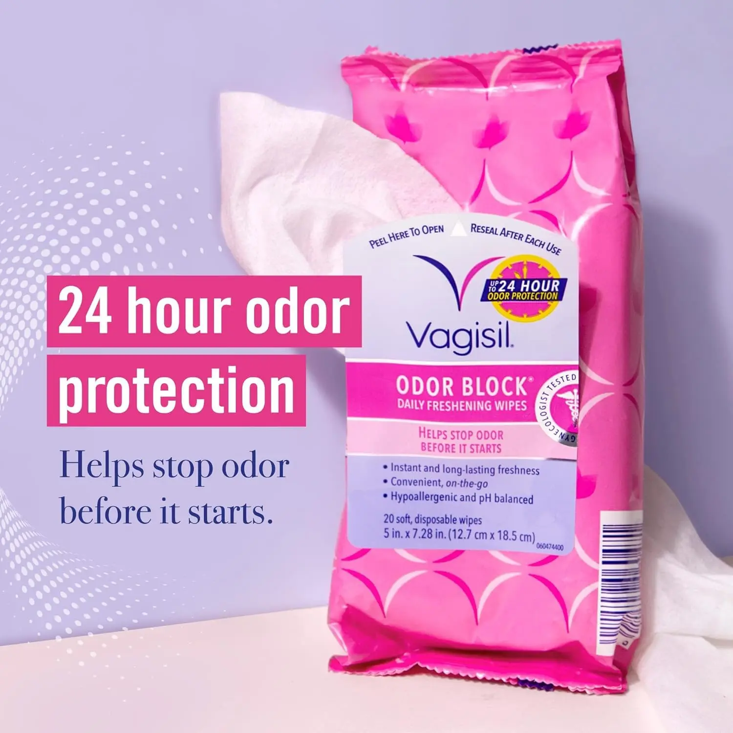 Three packs of Vagisil Odor Block Daily Freshening Wipes provide long-lasting freshness with a light, clean scent and convenient resealable packaging for on-the-go use.