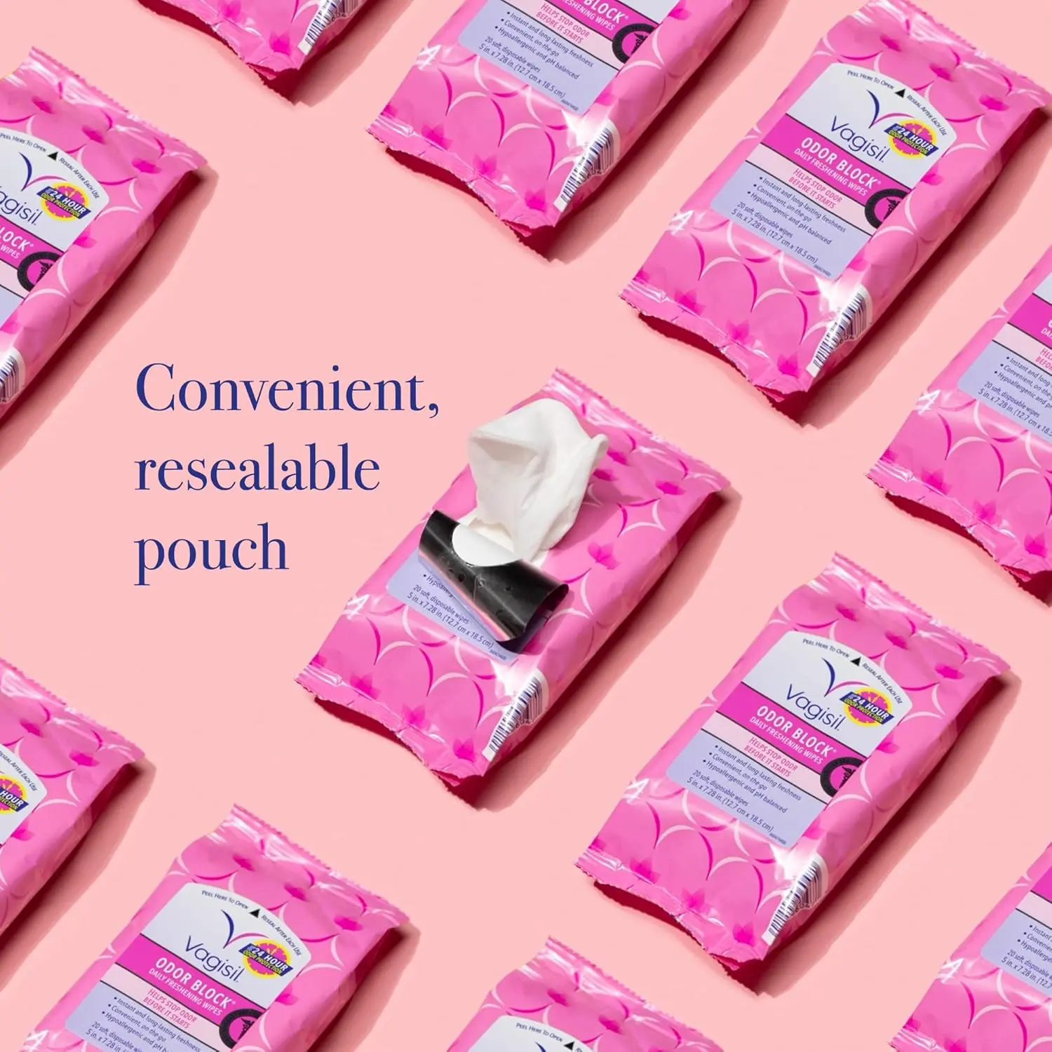 Three packs of Vagisil Odor Block Daily Freshening Wipes provide long-lasting freshness with a light, clean scent and convenient resealable packaging for on-the-go use.