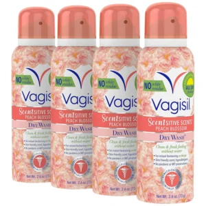 Four cans of Vagisil Peach Blossom Scentsitive Scents feminine dry wash spray provide a light, fruity, and convenient way to cleanse intimate skin without water, perfect for on-the-go freshness.