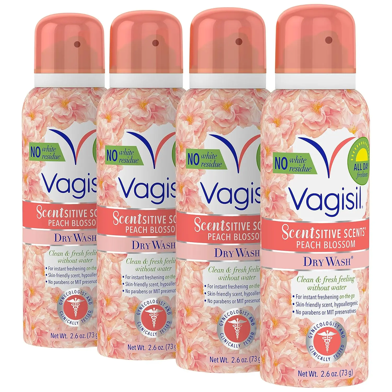 Four cans of Vagisil Peach Blossom Scentsitive Scents feminine dry wash spray provide a light, fruity, and convenient way to cleanse intimate skin without water, perfect for on-the-go freshness.