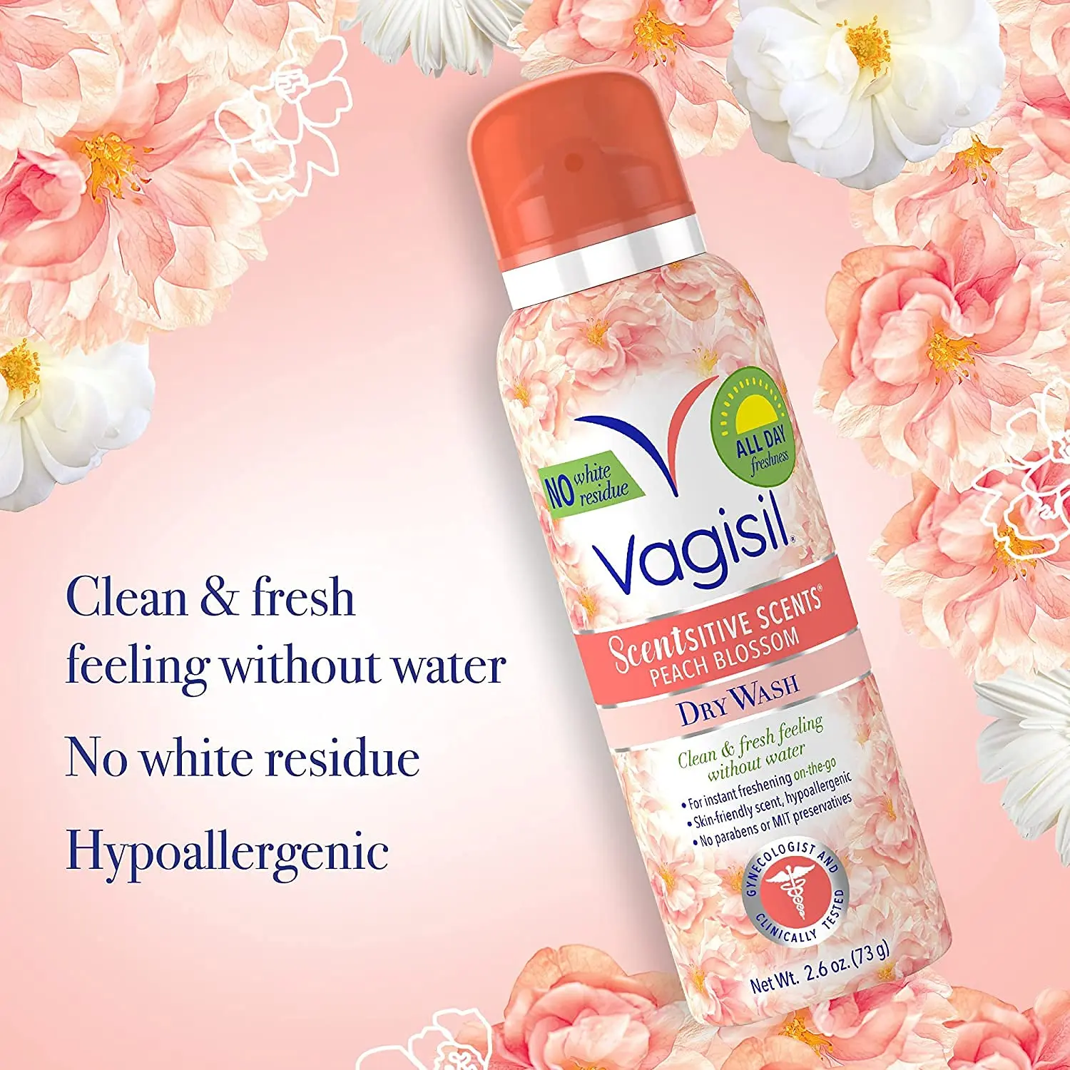 Four cans of Vagisil Peach Blossom Scentsitive Scents feminine dry wash spray provide a light, fruity, and convenient way to cleanse intimate skin without water, perfect for on-the-go freshness.