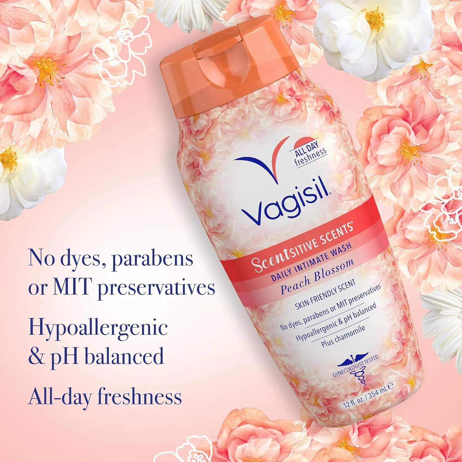 Three bottles of Vagisil Peach Blossom Scentsitive Scents feminine wash provide gentle and hypoallergenic cleansing for intimate area hygiene, formulated with Vitamin E for soothing freshness and a light, fruity fragrance.