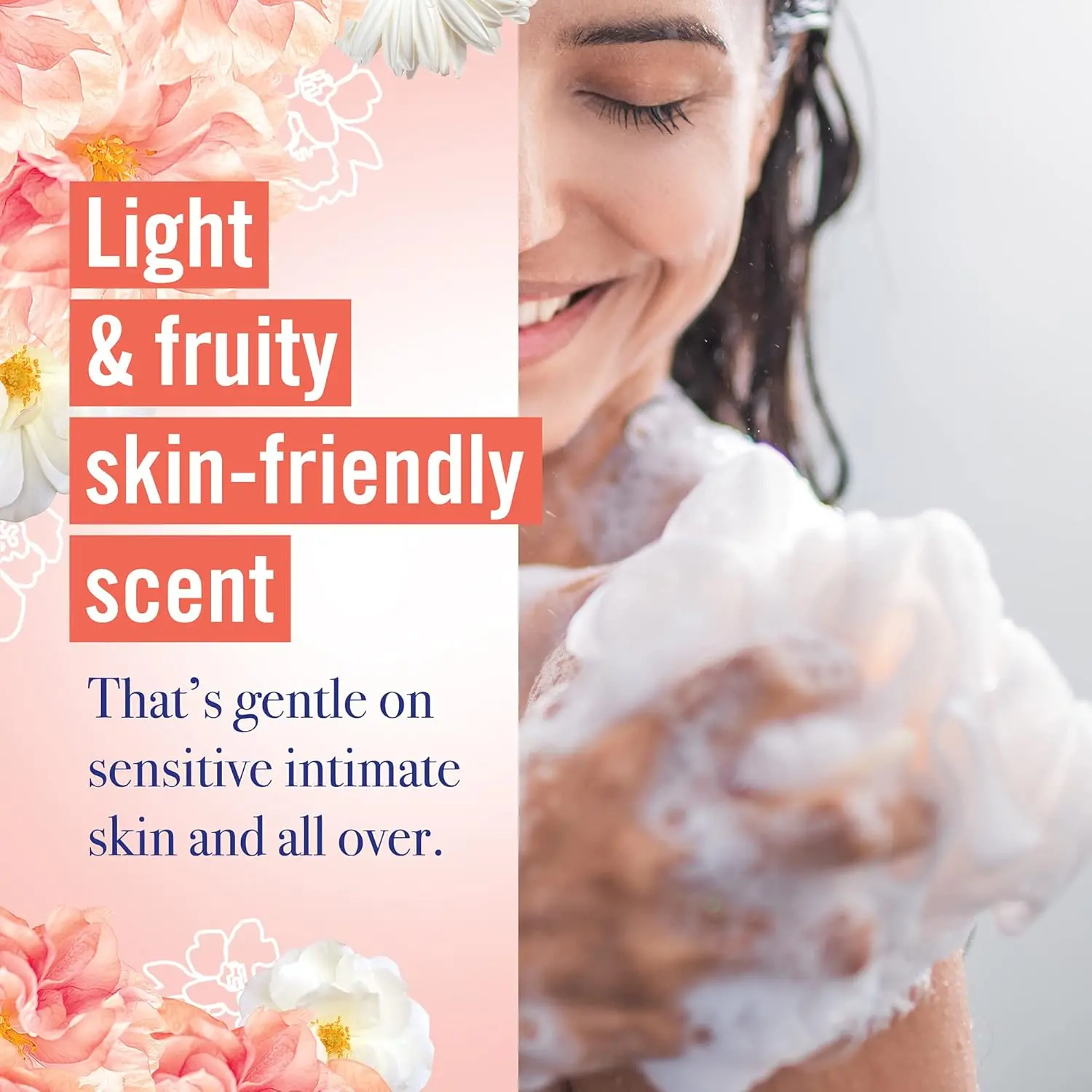 Three bottles of Vagisil Peach Blossom Scentsitive Scents feminine wash provide gentle and hypoallergenic cleansing for intimate area hygiene, formulated with Vitamin E for soothing freshness and a light, fruity fragrance.