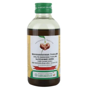 Bottle of Vaidyaratnam Mahanarayana Thailam 200ml, a bio safe natural Ayurvedic herbal oil for effective relief.