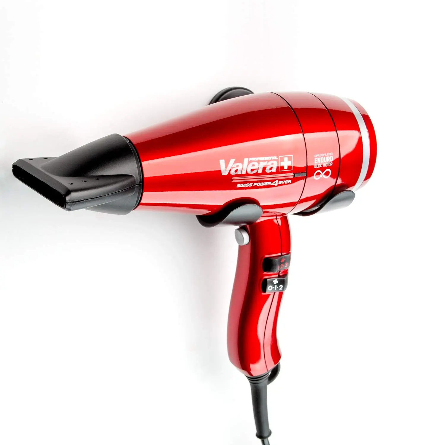 Black plastic universal wall holder for Valera hair dryers, including screws and anchors for easy fixation.